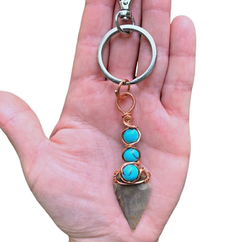 Jasper Arrowhead & Turquoise Bead Copper Wire Wrap Keychain W/ Silver Keyring - Picture 7 of 13