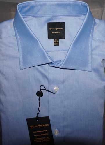 Hickey Freeman Dress Shirt 16.5 - 34/35 Modern Fit Solid Blue Stretch Pima NWT - 第 4/6 張圖片