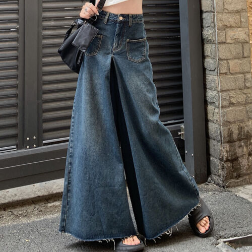 Women Denim Jean Flared Trousers Bell-Bottom Pants High Waist Loose Wide Legs