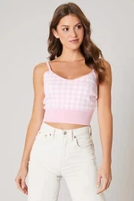 Sugar Lips Pink and White Checkered Gingham Knit Tank Top