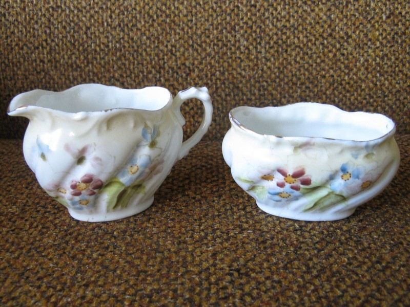 Vintage White China Sugar Bowl & Creamer Cream Milk Pitcher Coffee Tea Glass D