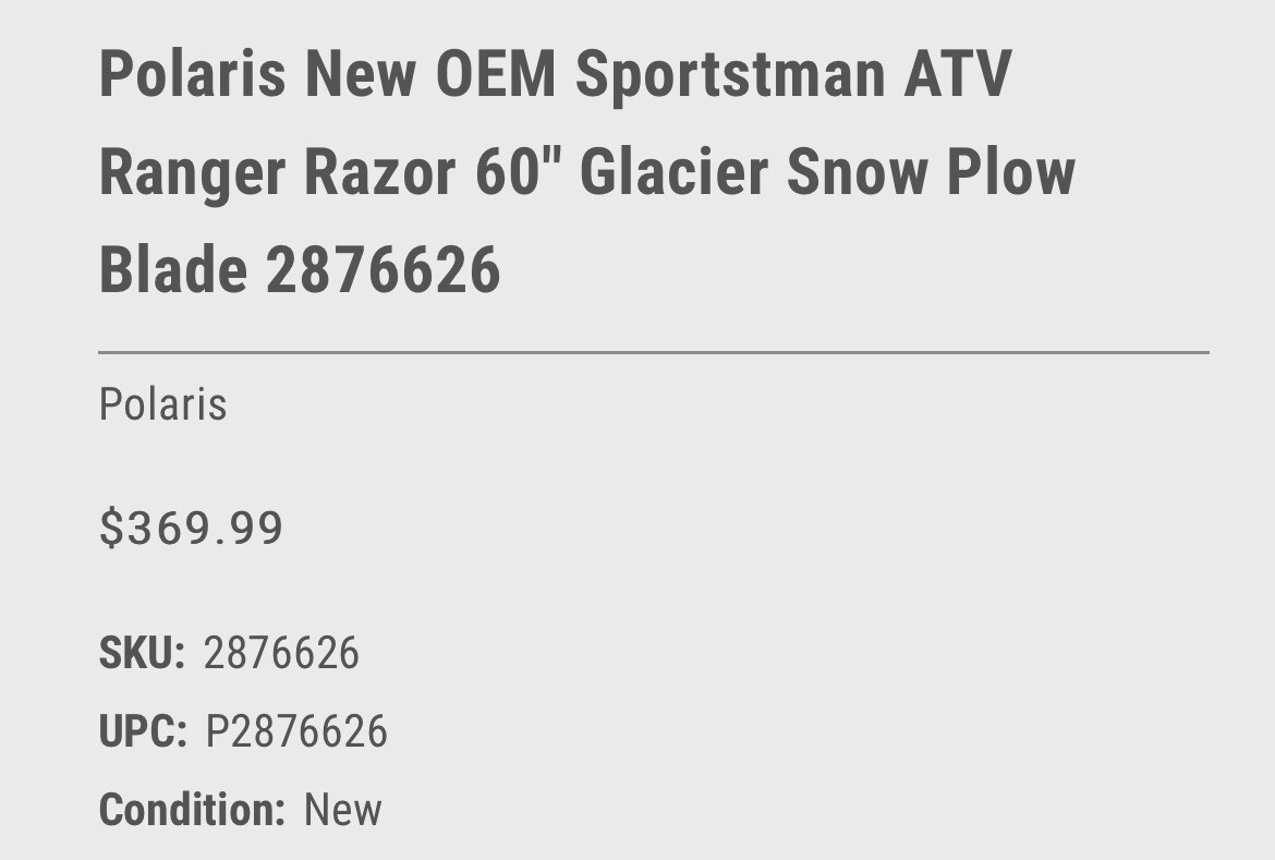 POLARIS 60" PLOW BLADE 2876626 Sportsman Razor ATV / UTV SNOW REMOVAL