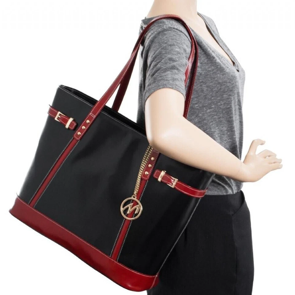 Bolso de Mano McKlein de Cuero para Damas con Bolsillo para Tableta - SERAFINA | Negro y Rojo Foto 3 de 4