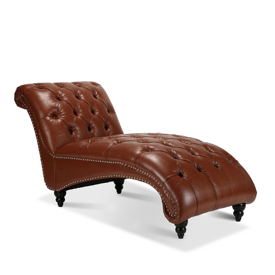 Moderna chaise de cuero PU sofá acolchado con botones patas de madera marrón Foto 3 de 4