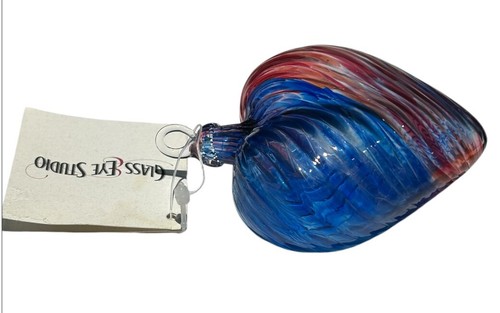 Glass Eye Studio Heart Ornament Blue & Red Clear Curlicue - Handmade w/ Tag - Picture 5 of 5