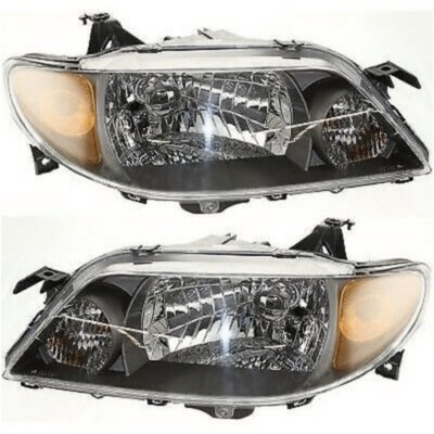 Pair Headlight Assembly 2001-2003 Mazda Protege Clear Lenses Metal Bezels Bulbs