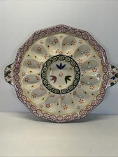 Temptations Deviled Egg Platter Round Old World Ceramic Handles Multicolor