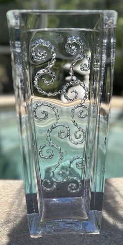 Daum France Crystal Vase Art Deco Floral Swirl Relief Rectangular Signed 13” - Picture 14 of 23