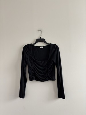 Aritzia Wilfred Lydia Top Black Ruched Cropped Long Sleeve Stretch Womens M 90s