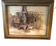 Vintage Country Stove Scene Wall Art Under Glass 14.5x17.5 Rustic Kitchen