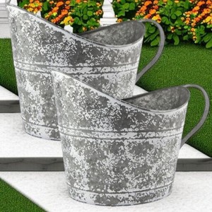 Rustic Grey Metal Bucket Planter Garden Flower Pot Vintage Style 33cm