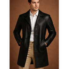 Mens Black Genuine Leather Long Trench Coat Classic Winter Overcoat- S- 5XL