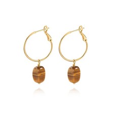 PEARLADA 18k Gold Hoop Earrings with Charms, Boho Tiger Eye 25mm,
