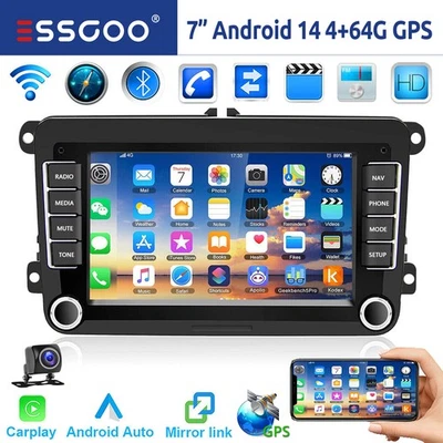ESSGOO Autoradio Android 14 4+64GB Carplay GPS WIFI RDS Pour VW GOLF 5 6 Caddy Polo EOS