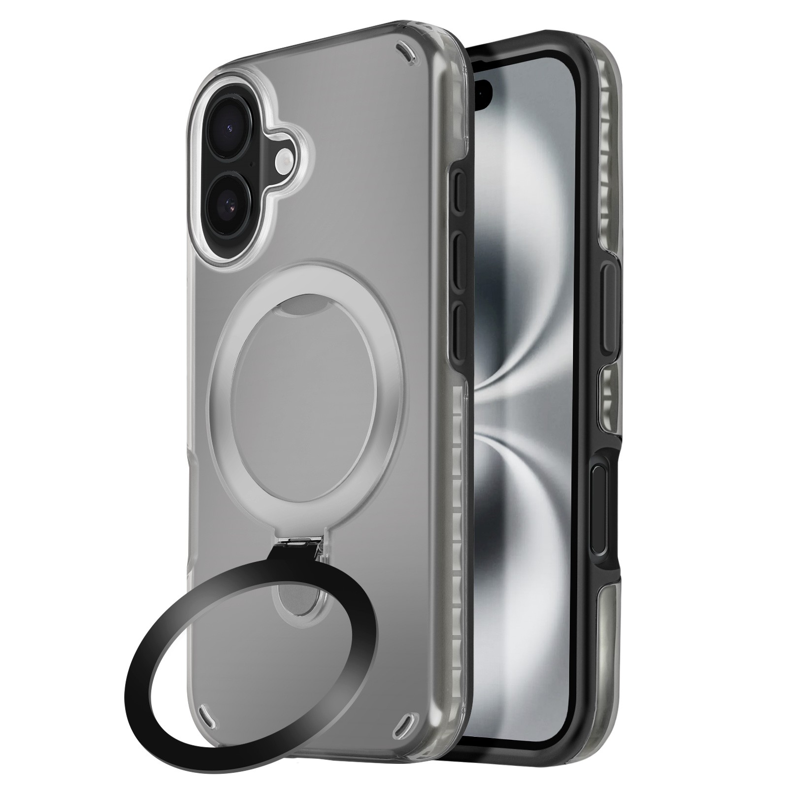 Coque iPhone 16 antichoc évite les bris d'écran grâce au support de bureau pliable