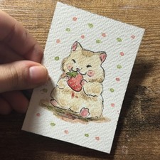ACEO Original Mixed Media Painting Hamster Holding Strawberry Angelina Abraham 