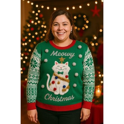 Ugly Christmas Sweater Kelly Green Meowy Cat Sequins Tree Pom Poms Sparkle