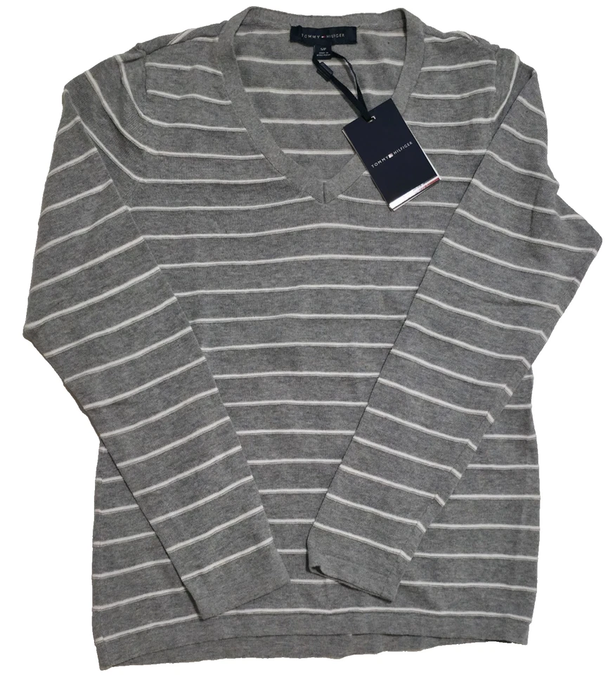 Tommy Hilfiger Damen Pullover Grau Gestreift V-Ausschnitt Größe S - Bild 1 von 4