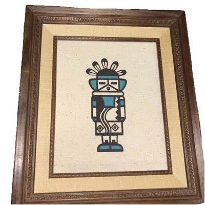 VTG Blue Star Kachina Native American Navajo Wood Frame 11'' x 9'' back hanger