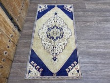 2x4 Beige Navy Blue Turkish Accent Rug, Hand-Knotted Wool Vintage Small Oushak