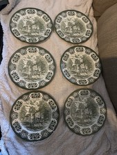 Rare Set 6 Vintage English Ironstone "Old Inns Series" Green Dinner Plates – 10"