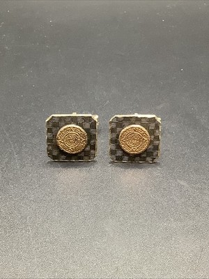 VTG Mexico 18k Gold & Sterling Silver 925 Aztec Mayan Calendar CuffLinks
