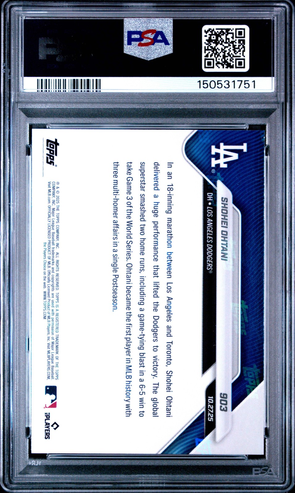 Graded 2025 Topps Now Shohei Ohtani #903 Baseball Card PSA 10 Gem Mint view 2