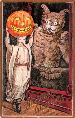 Vintage Halloween Card Pumpkin Jack O' Lantern Spooky Ugly Cat Owl Postcard I17