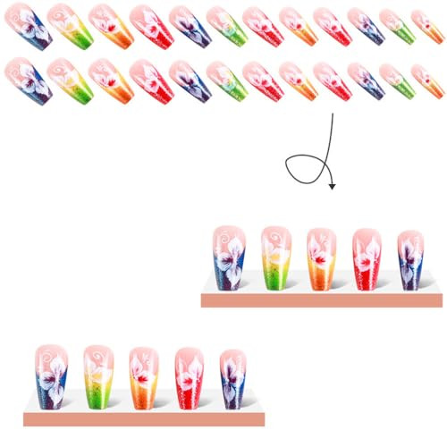Coffin Press on Nails Medium Long Colorful Neon Fake Nails with Glitter Gold - Picture 4 of 7