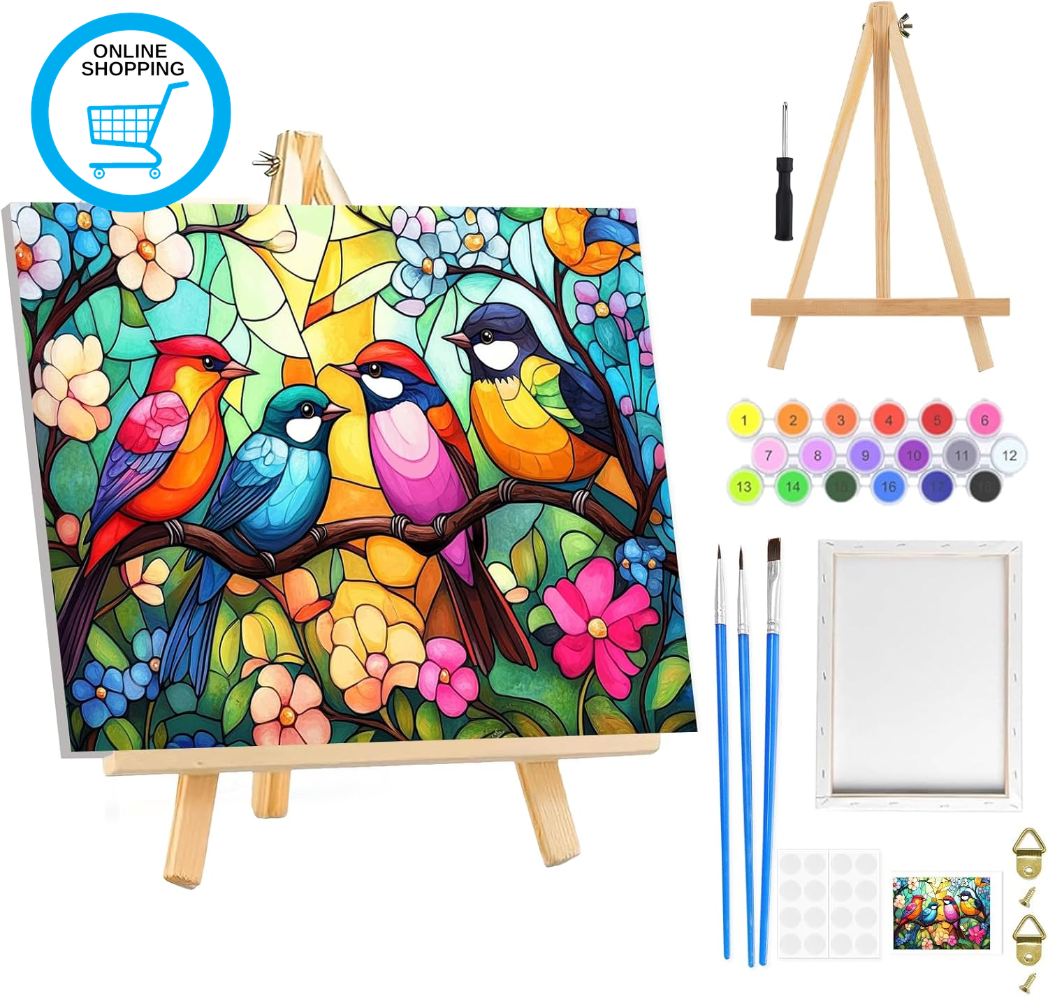Birds Paint by Numbers Kit for Adults Beginner Framed with Wooden Easel, Colorfu