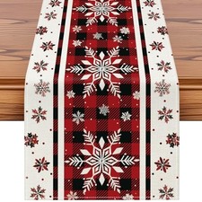 Snowflakes Christmas Table Runner, Buffalo Plaid Xmas 13" x 72" Red Snowflake