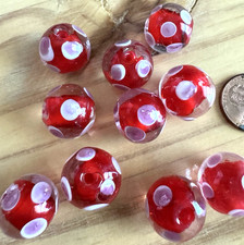 10 RED WITH WHITE PINK POLKA DOTS ROUND LAMPWORK Glass Beads 17mm Jewelry DIY