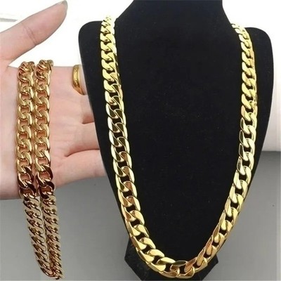 16''-36'' Stainless Steel Chain Mens Necklace Gold Plated Curb Cuban 3/5/7/9/11mm