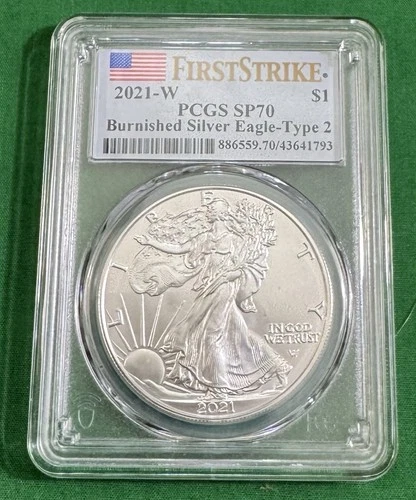 2021-W Burnished Type 2 American Silver Eagle PCGS SP70 First Strike Flag Label