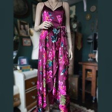 Xhiliration magenta satin floral print faux wrap dress womens Med