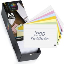 1000 Karteikarten Set A8 Liniert, Kariert, Blanko und Bunt f&uuml;r Studenten Sch&uuml;ler