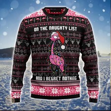 Ugly Christmas Sweater Flamingo "Naughty List" Funny Pink Holiday Party Jumper