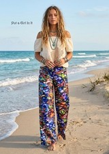 New Boho Women's J UP Foldover Blue Koi Mermaid Tall Palazzo Pants S M USA