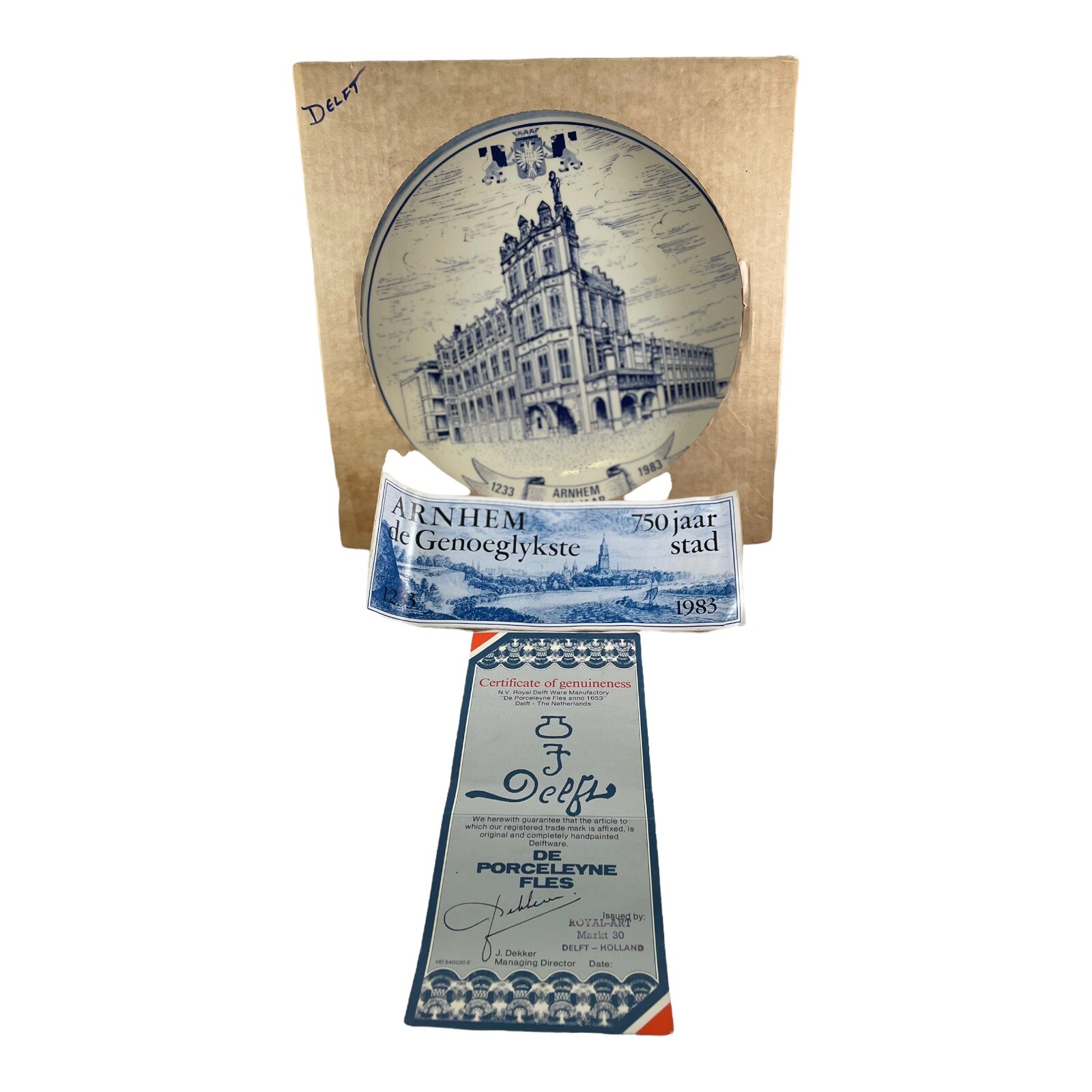 Vintage Delft Blauw Chemkefa Wall Plate Arnhem Original box and Certificate