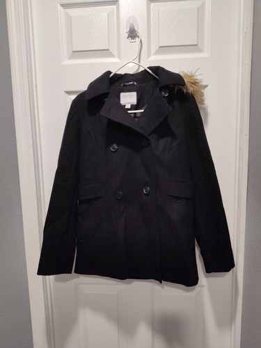 Nautica Women's Faux Fur Trim Hood 60% Wool Black PEACOAT Size Medium EUC