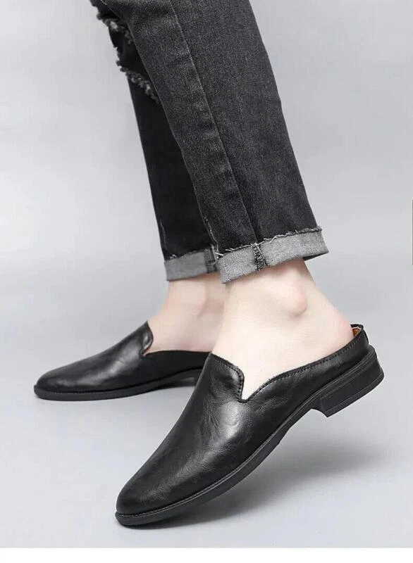 Zapatillas de cuero para hombre con punta cerrada de tacón bajo informales zapatos de fiesta mocasines talla grande Foto 4 de 4