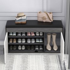 80cm Shoe Storage Bench with Seat Cushion Cabinet Rack Organizer with 2 Doors