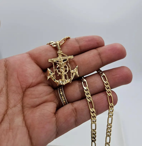 Ciondolo Crocifisso Ancora Oro con Catena Figaro Tonda 4mm, Oro Placcato Pesante 14k - Foto 2 di 12