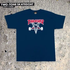 Thrasher Magazine TWO TONE SKATE GOAT LOGO Skateboard T Shirt NAVY