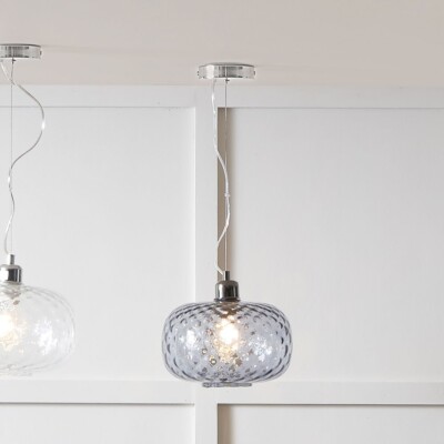 Retro Grau Glas Pendelleuchte Modern Oval Strukturschirm mit Chrombeschlag