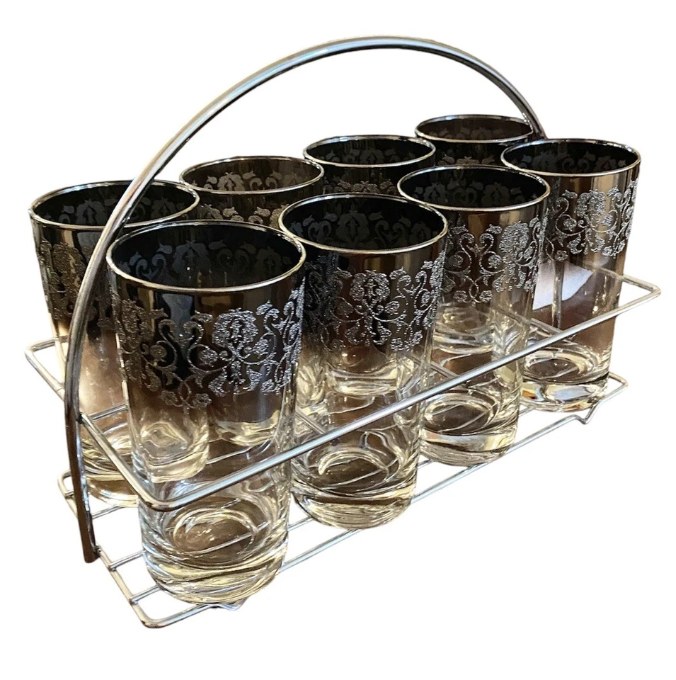 De Colección MCM Floral Esmerilado Plata Ombre Mercury Collins Highball Gafas Metal Caddy Foto 4 de 4