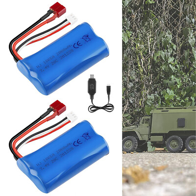 7,4V 2000mAh Akku 2S Li-Ion Battery T Plug mit USB Ladegerät für RC Auto Truck