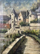 Oil On Canvas Presumed Italian School View Of A Village Signed Lower Left