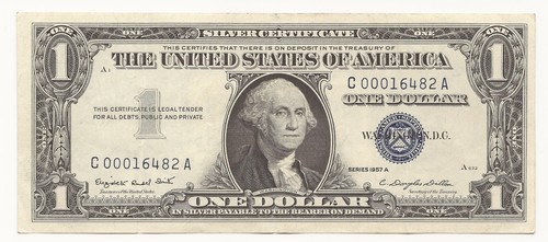 1957-A $1 Dollar Bill Silver Certificate Note Fancy LOW Serial 482A