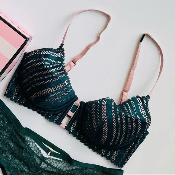 32D XS Victoria’s Secret Conjunto Lencería Pushup Rayas Verdes Encaje Bragas Descaradas Foto 3 de 4